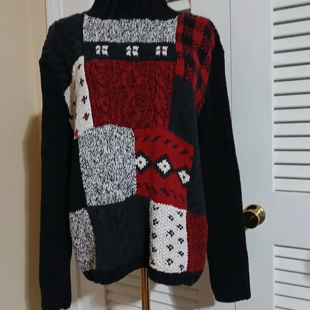 VTG Liz Claiborne Large Mock Neck Cotton Blend Red/Black/White Block Sweater